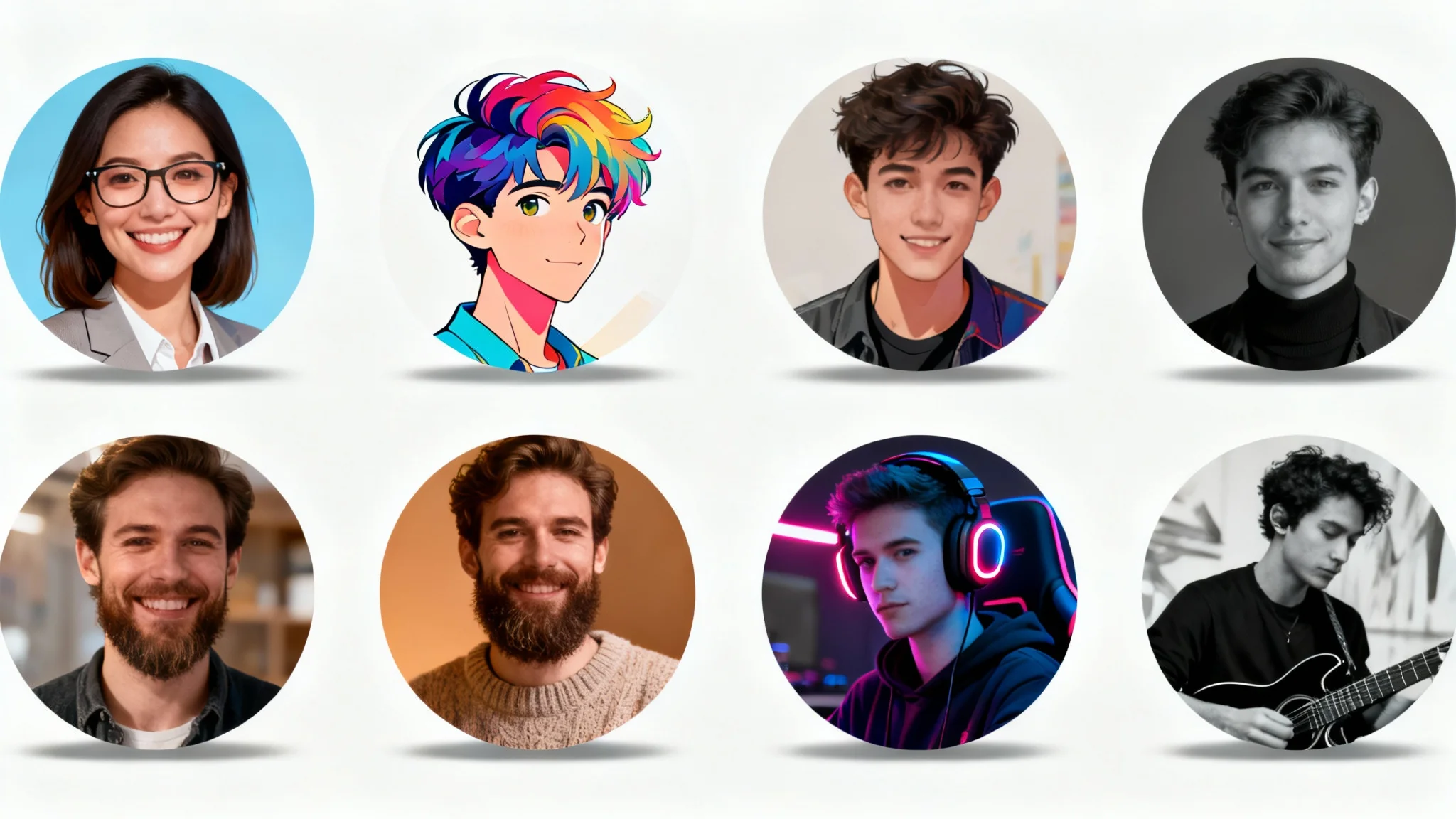 A collage of diverse and high-quality profile pictures, showing men and women of different styles, including professional photos, illustrations, and artistic portraits, all displayed in circular frames on a white background.