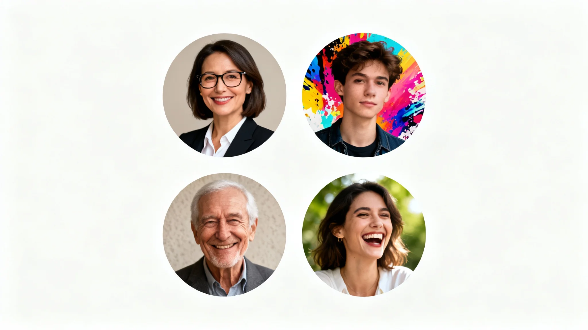 A collection of diverse, high-quality circular profile picture mockups arranged neatly on a white background, featuring people of different ages, genders, and styles.