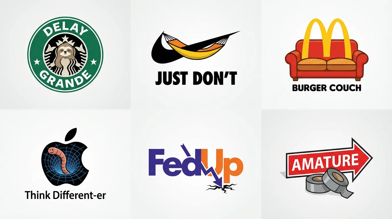 A hero image displaying a grid of six professionally designed parody logos. Notable examples include a coffee brand with a sloth, a sportswear brand with a hammock, and a fast-food brand reimagined as a couch.