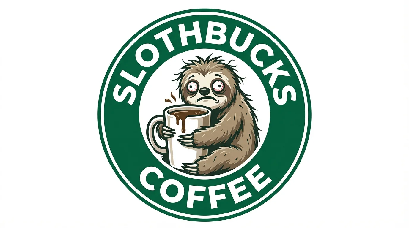 A parody of the Starbucks logo featuring a tired-looking sloth clinging to a coffee mug, with the text 'Slothbucks Coffee' around the border, on a white background.
