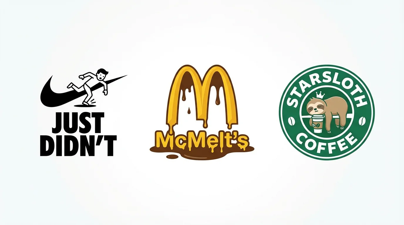 A mockup showcasing three parody logos on a white background. The logos are humorous takes on famous brands for sportswear, fast food, and coffee, with funny names like 'Just Didn't', 'McMelt's', and 'Starsloth Coffee'.