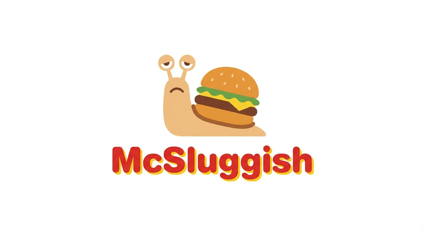A humorous parody logo for a fictional fast-food brand called 'McSluggish', featuring a cartoon snail carrying a hamburger on its back against a white background.