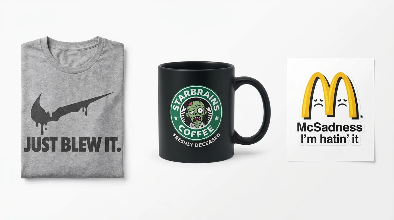 A mockup of three parody logos on a white background: a 'Starbrains Coffee' zombie logo on a mug, a melting 'Just Blew It.' swoosh on a t-shirt, and a frowning 'McSadness' logo as a sticker.