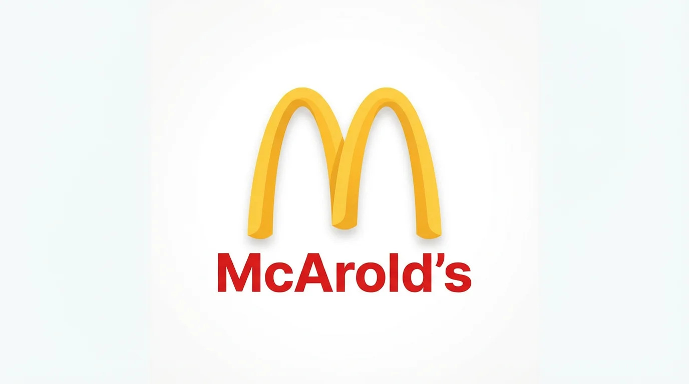 A parody logo of a famous fast-food brand, featuring two large golden french fries forming arches over the fictional name 'McArold's' in red text, all on a clean white background.