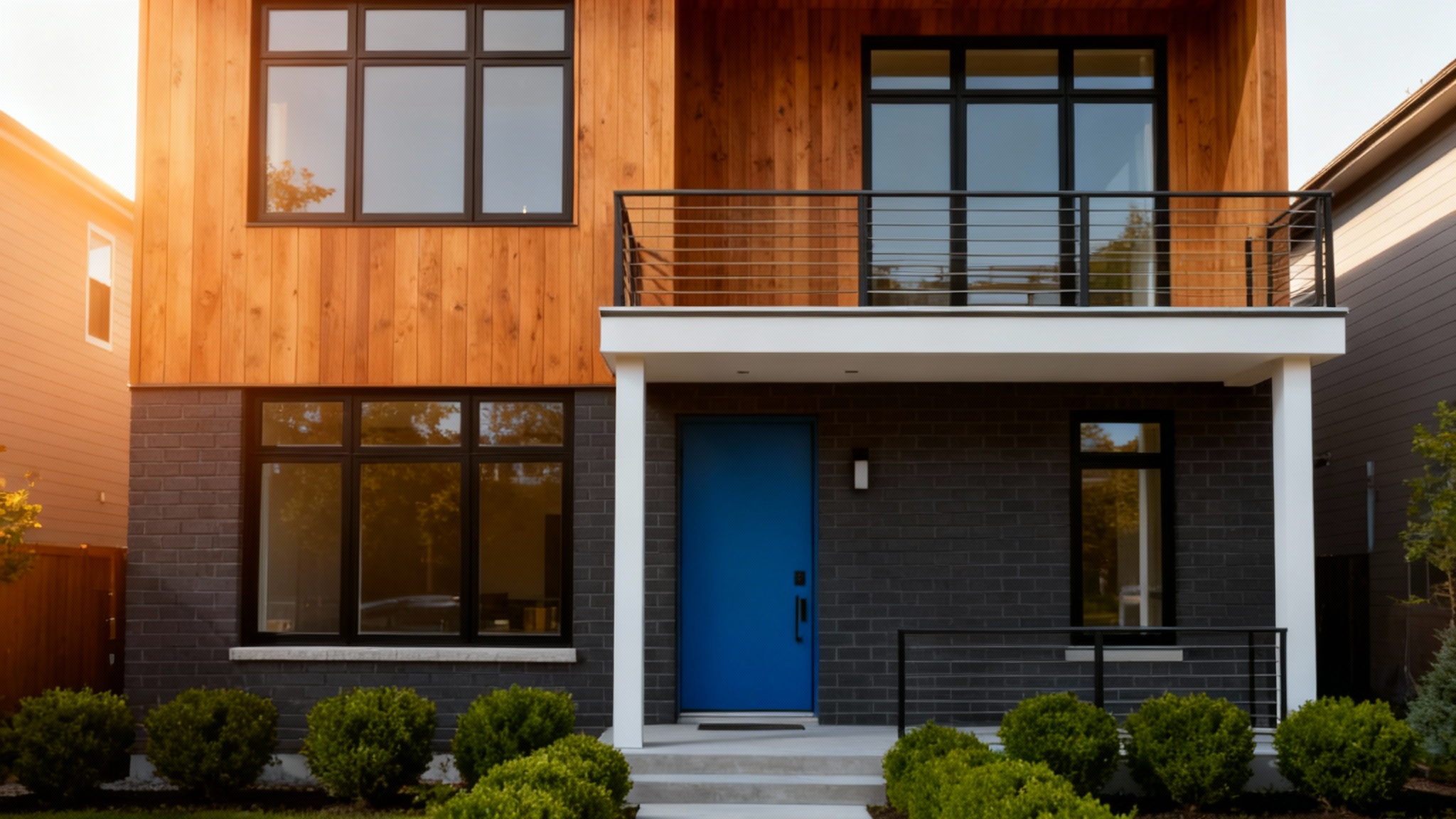 A professional architectural rendering of the front elevation of a modern two-story home, featuring a mix of brick and wood, large windows, and a blue front door.