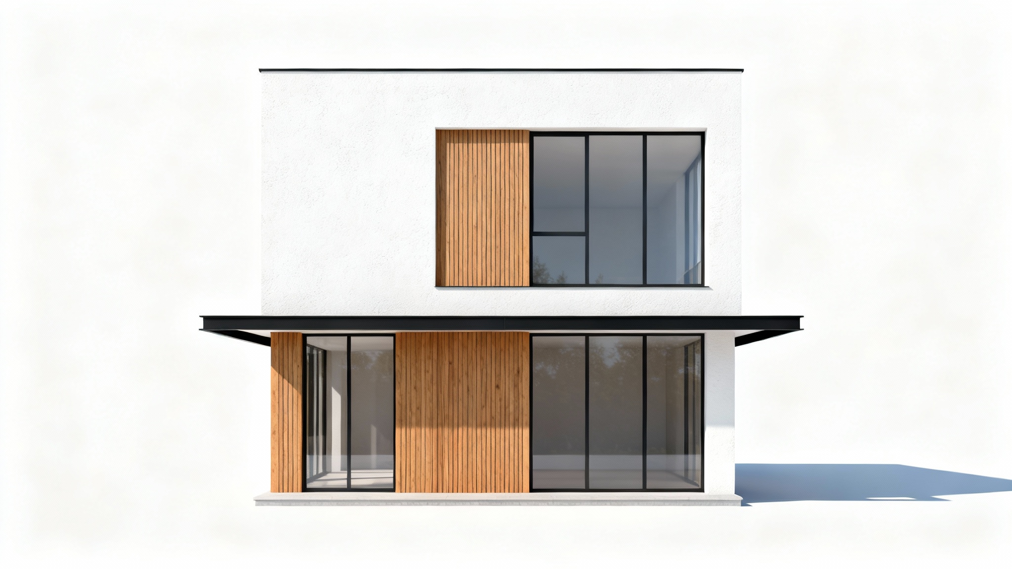 A modern two-story house front elevation design, featuring a mix of white stucco, wood paneling, and large windows, shown as a mockup on a white background.