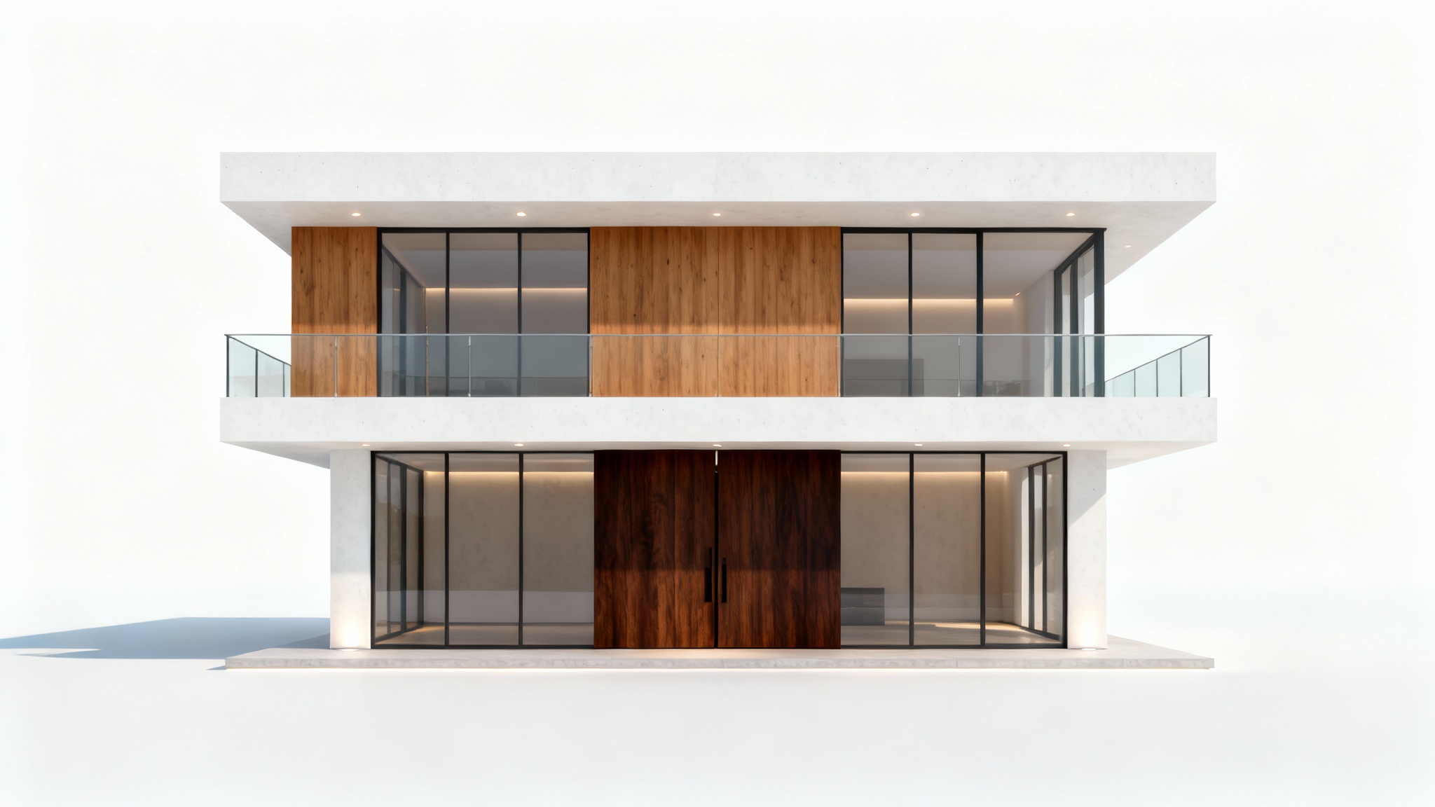A photorealistic architectural rendering of a modern two-story house's front elevation, featuring a mix of white concrete and wood, against a solid white background.