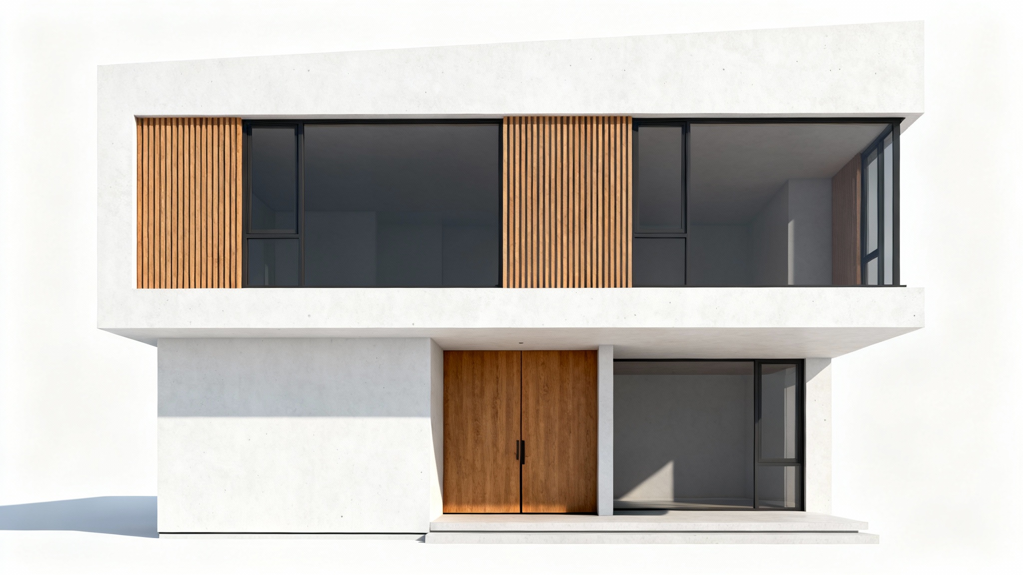 A photorealistic architectural rendering of the front elevation of a modern two-story house on a white background, showcasing a minimalist design with wood, concrete, and glass elements.