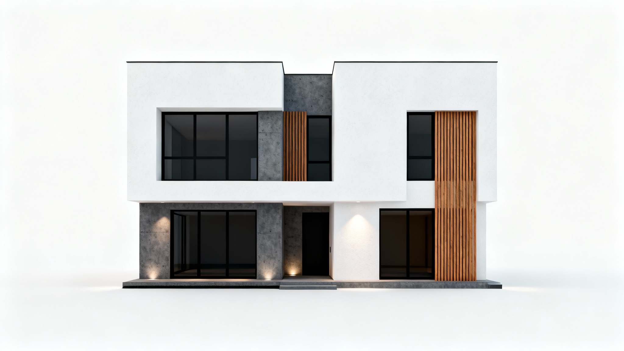 A photorealistic architectural rendering showing the front elevation of a modern, minimalist two-story house with wood and concrete details, isolated against a white background.