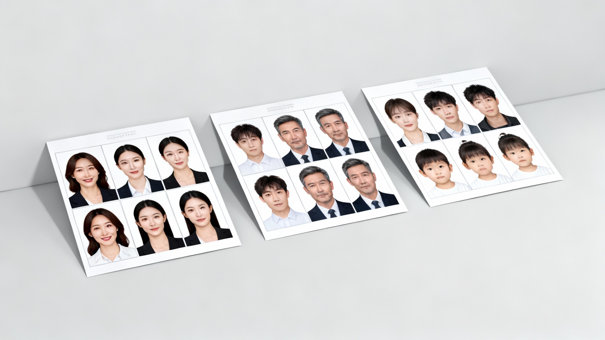 A hero image displaying several sheets of perfectly formatted biometric passport photos for a woman, a man, and a child, ready for printing.