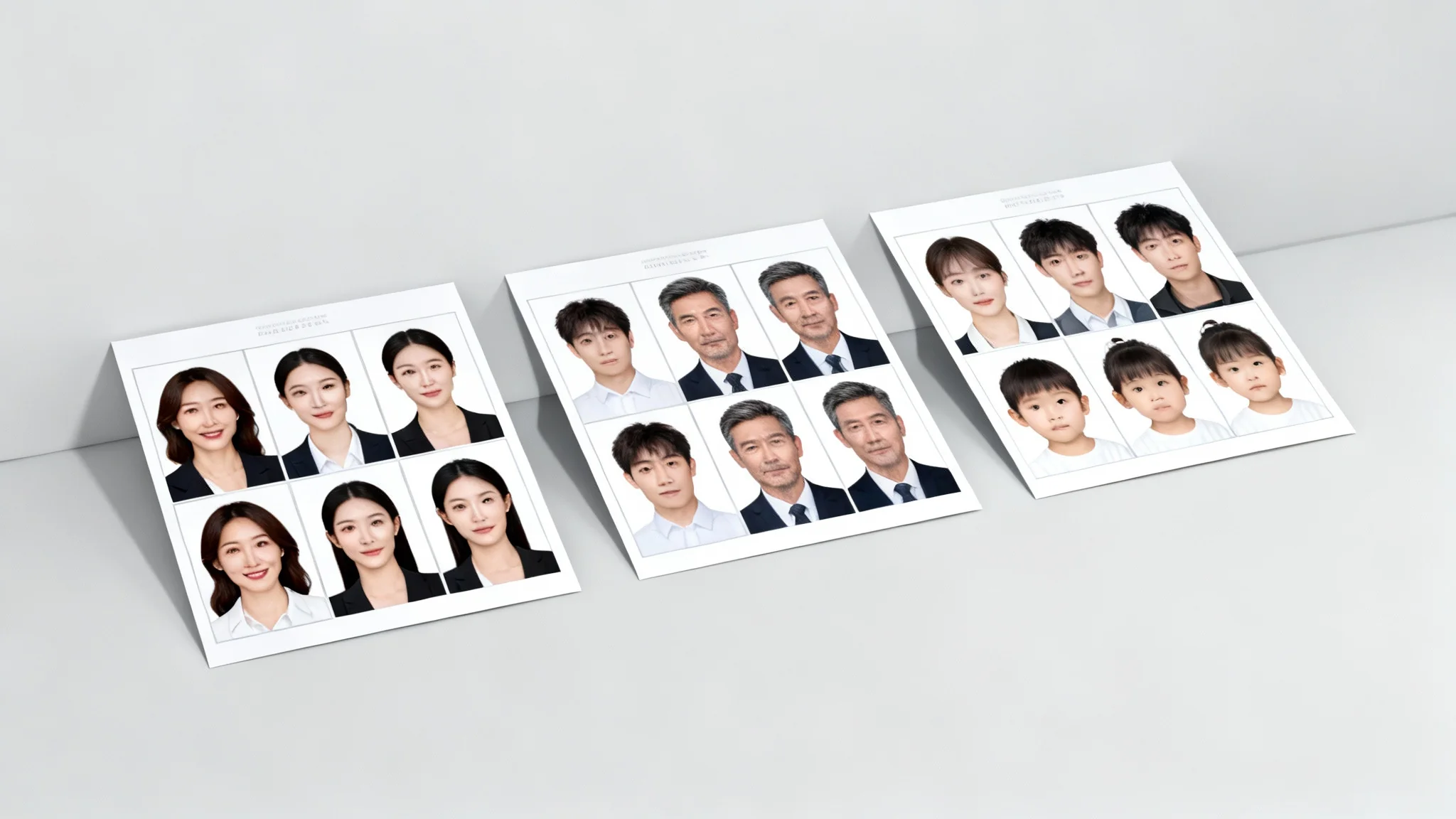 A hero image displaying several sheets of perfectly formatted biometric passport photos for a woman, a man, and a child, ready for printing.