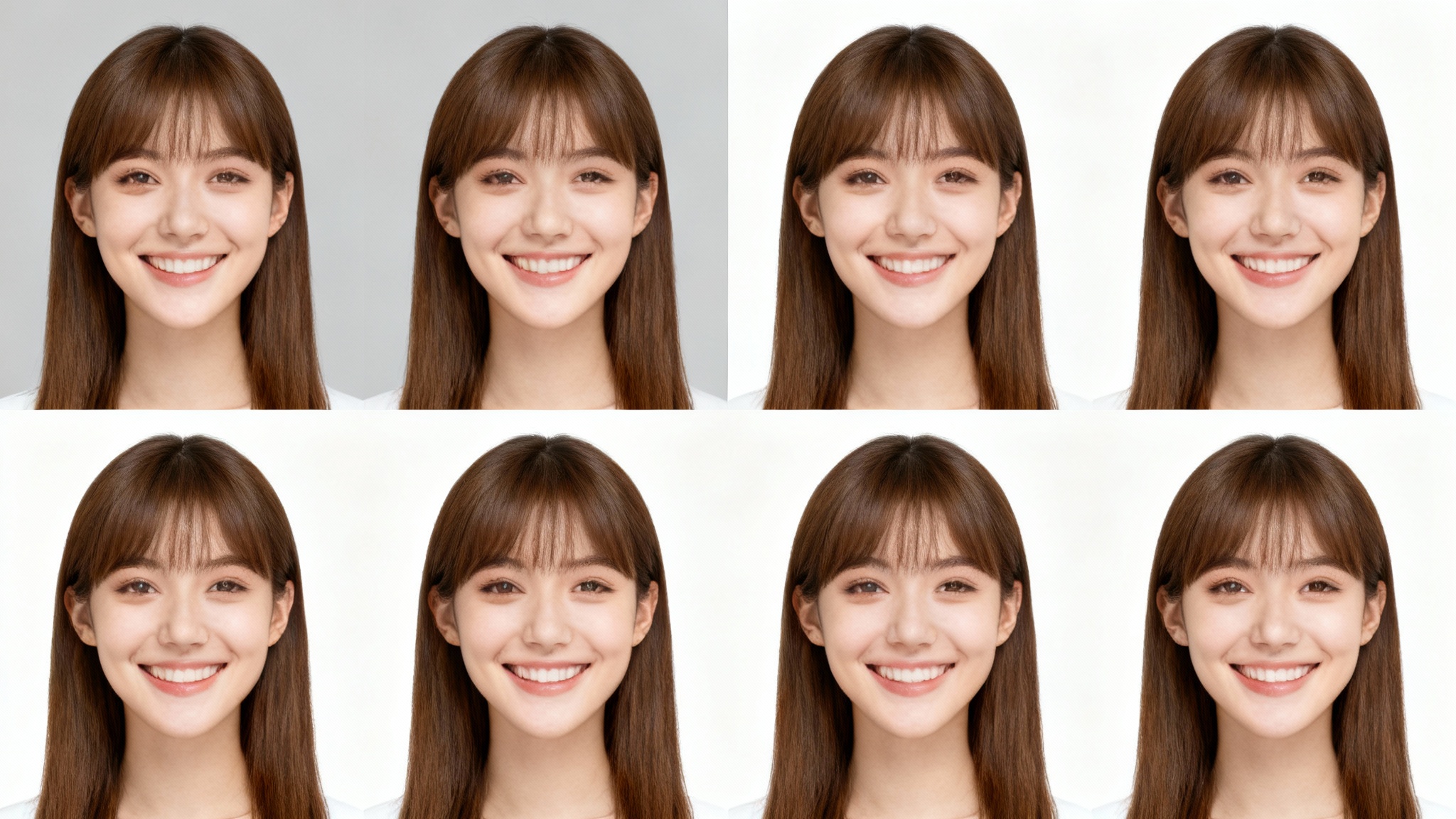 A mockup of a sheet with four identical biometric passport photos of a young woman against a neutral grey background.