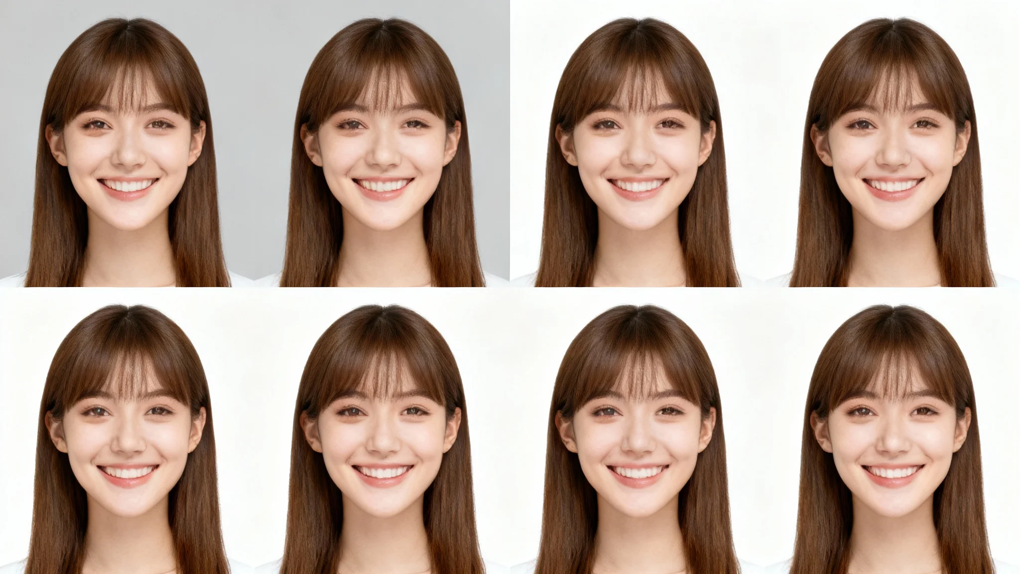 A mockup of a sheet with four identical biometric passport photos of a young woman against a neutral grey background.