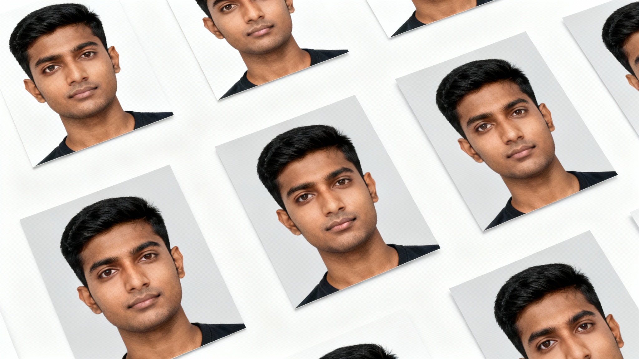 A professional mockup of several biometric ID photos of a man, printed and arranged neatly on a white surface.