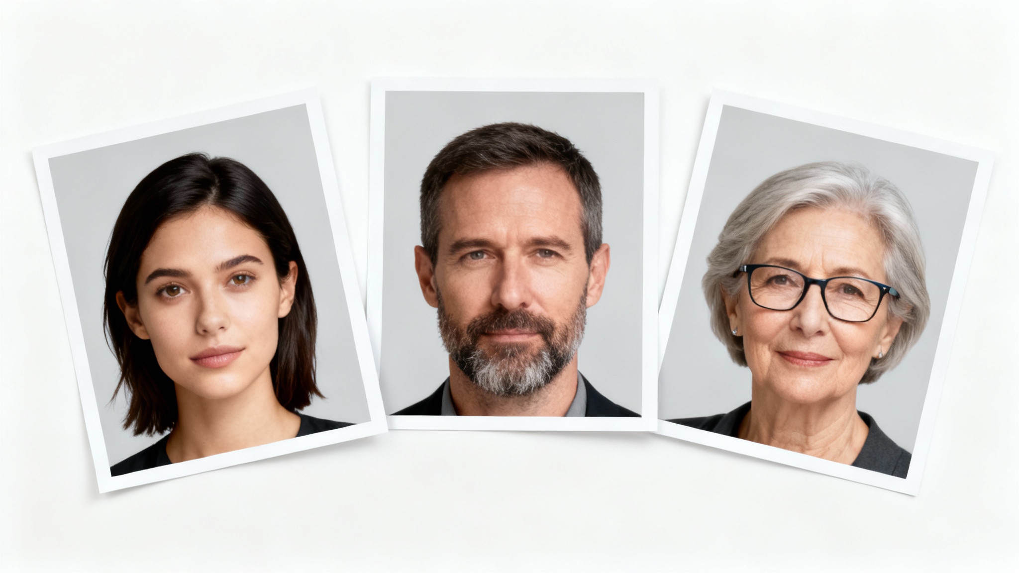 A mockup showing three high-quality, compliant biometric passport photos of diverse individuals arranged on a white background.