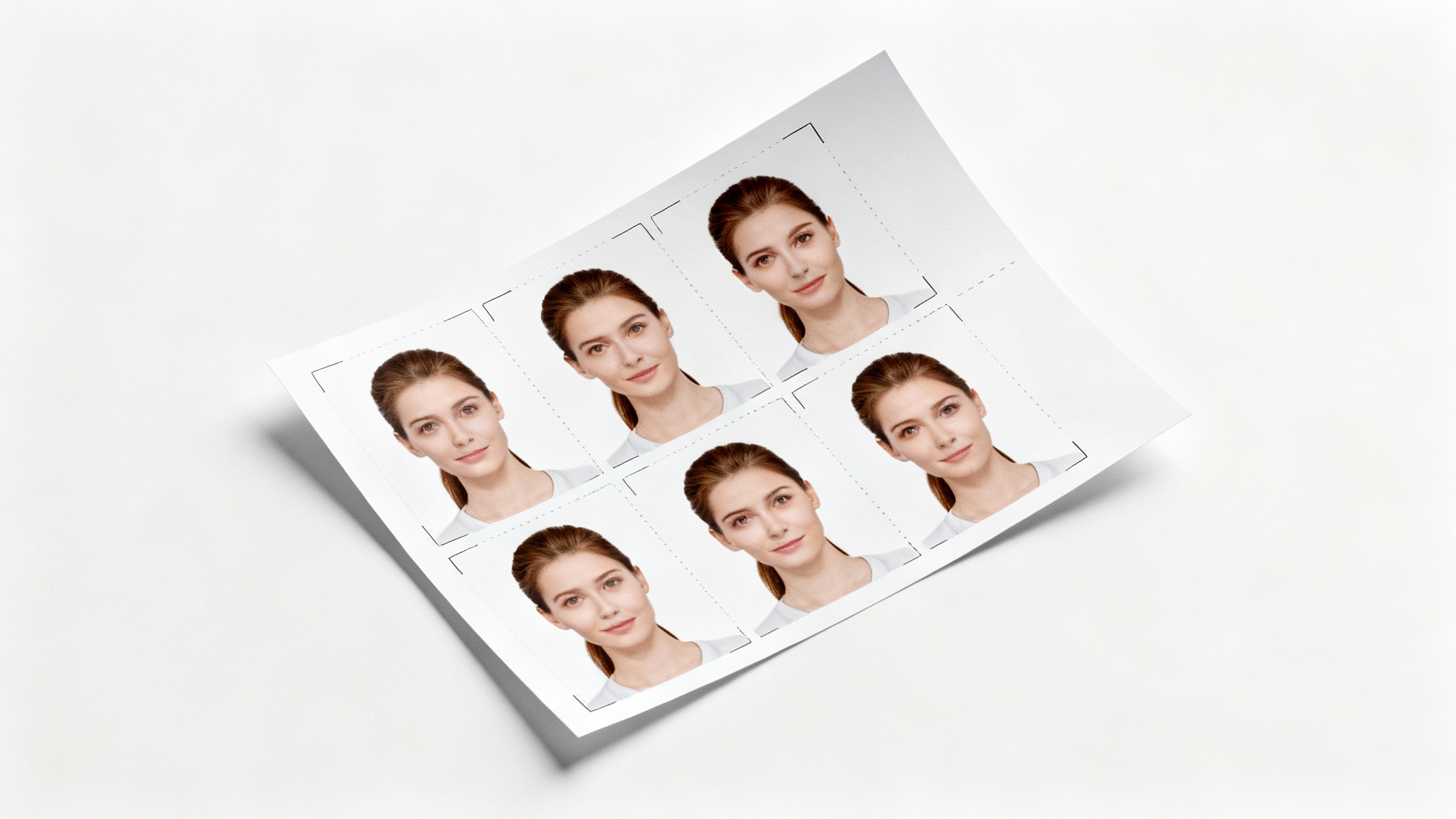 A sheet of six identical biometric passport photos of a woman, ready to be cut out for official use.