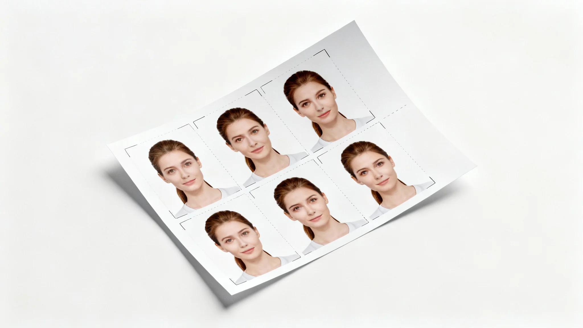 A sheet of six identical biometric passport photos of a woman, ready to be cut out for official use.