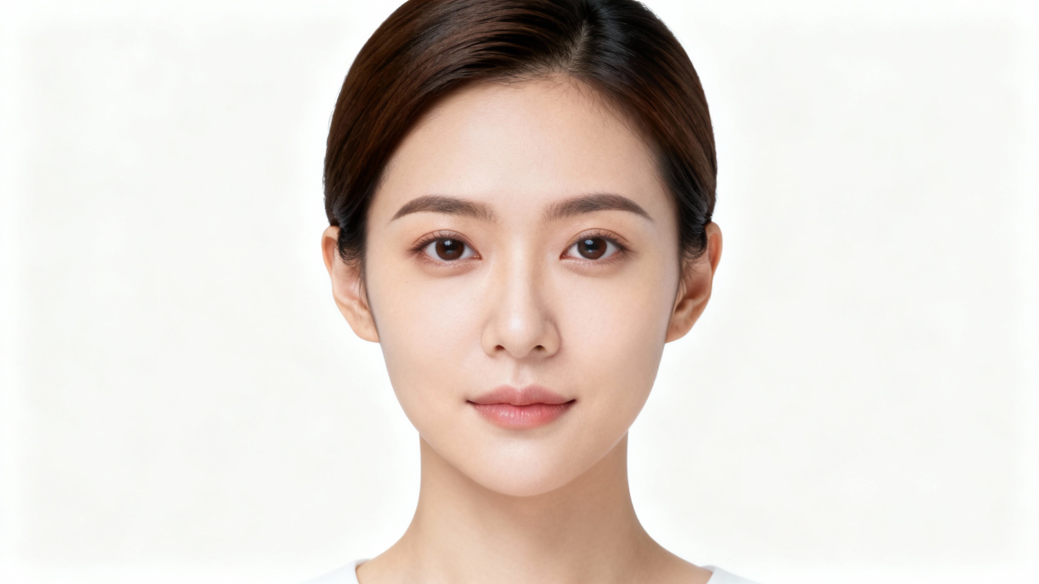 A compliant biometric passport photo mockup showing a person with a neutral expression, perfectly centered against a solid white background.