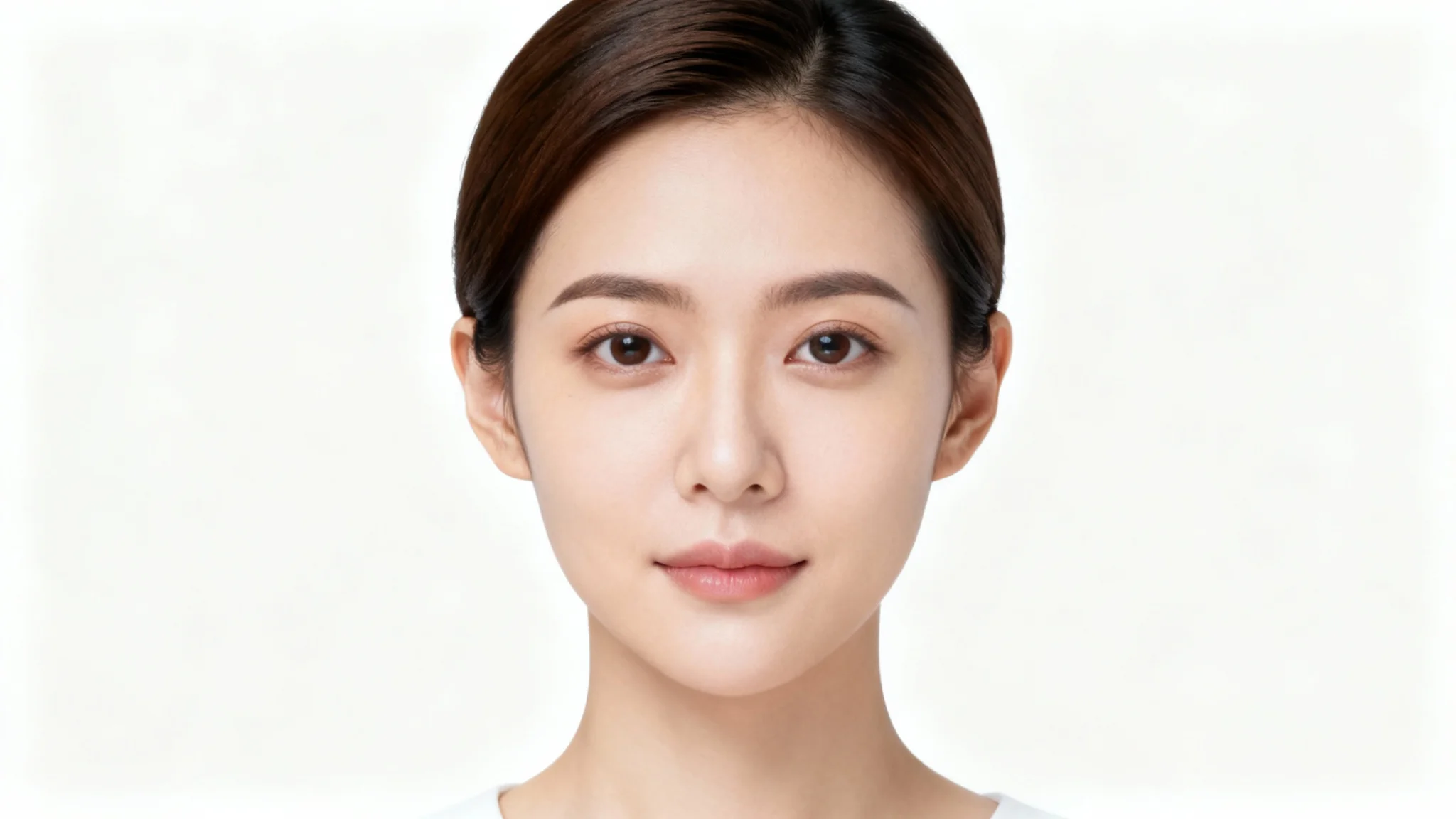 A compliant biometric passport photo mockup showing a person with a neutral expression, perfectly centered against a solid white background.