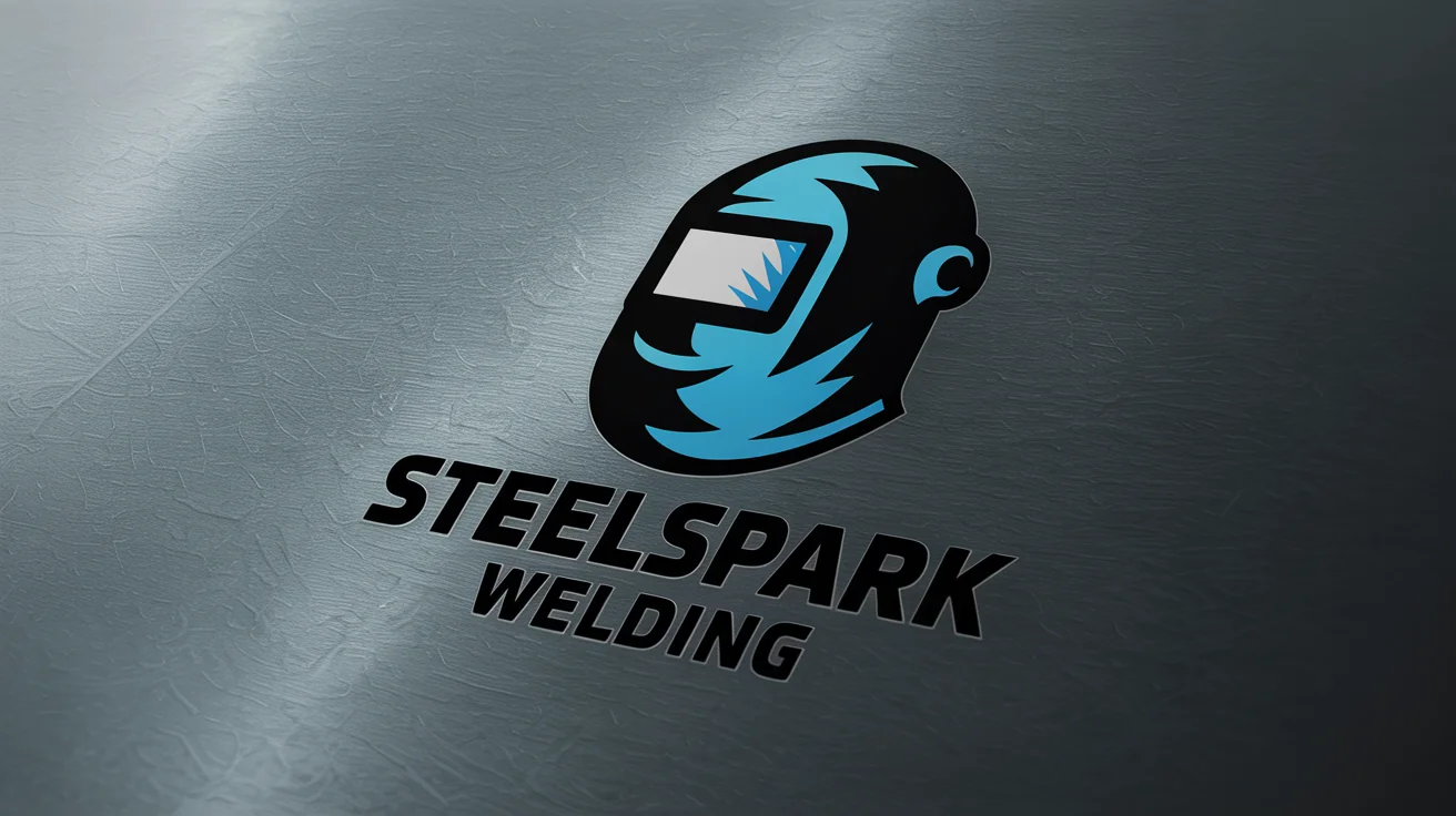 A modern and bold logo for 'Steelspark Welding', featuring a welding helmet and electric arc, showcased on a brushed metal background as a final design example.
