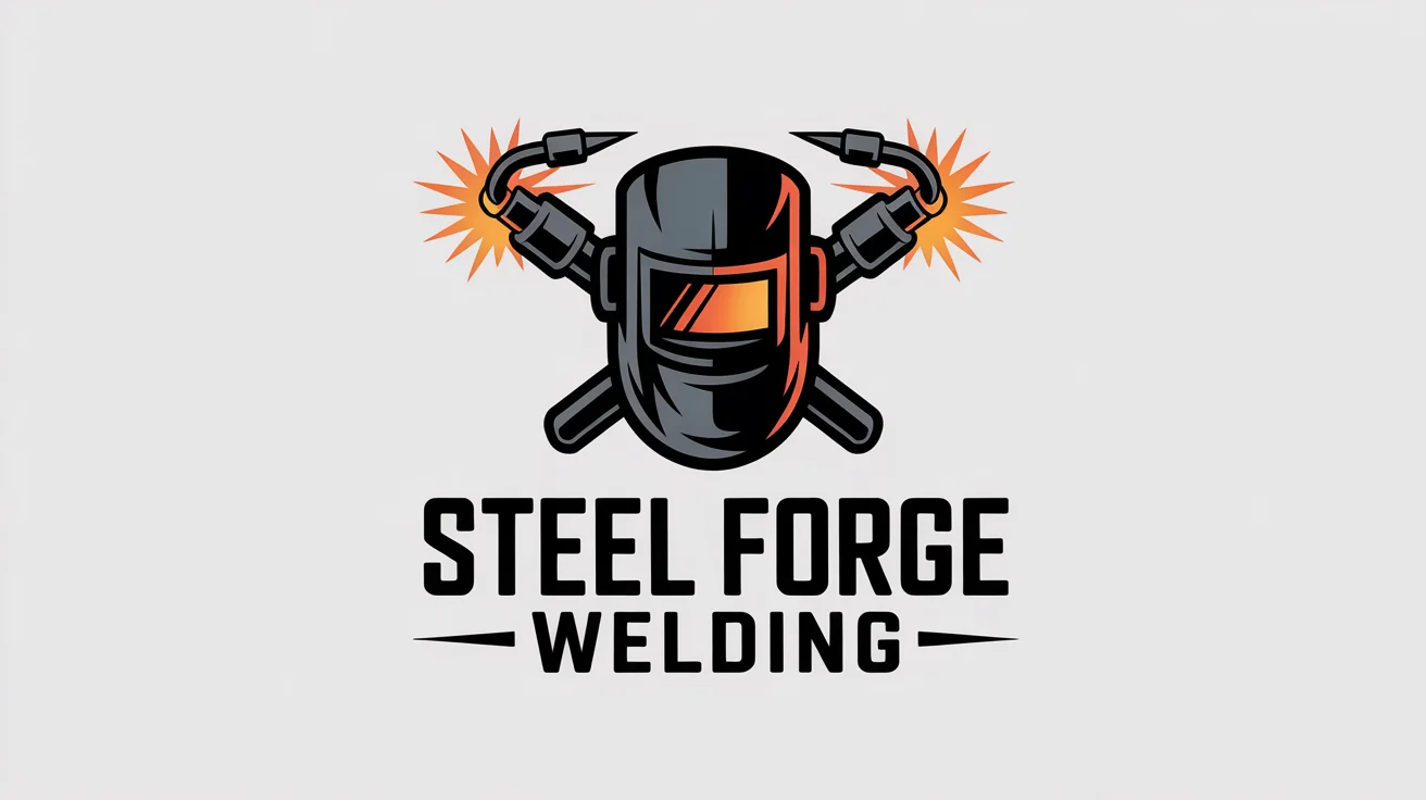 A modern, professional logo for a welding company named 'Steel Forge Welding', featuring a stylized welding mask and crossed torches against a white background.