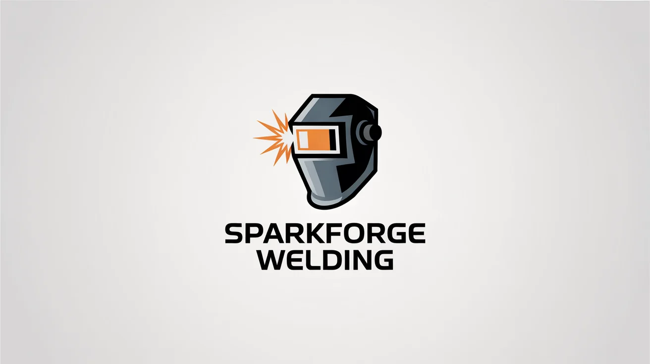 A modern logo for a welding company named 'Sparkforge Welding', featuring a stylized welding mask and a bright orange spark on a white background.