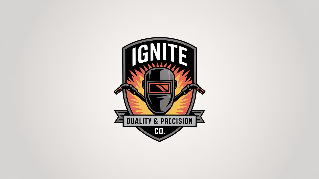 A modern welding company logo for 'Ignite Welding Co.' featuring a welding mask and crossed torches with sparks, in a gray and orange color scheme on a white background.
