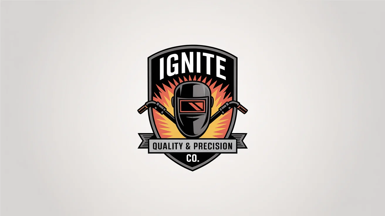 A modern welding company logo for 'Ignite Welding Co.' featuring a welding mask and crossed torches with sparks, in a gray and orange color scheme on a white background.