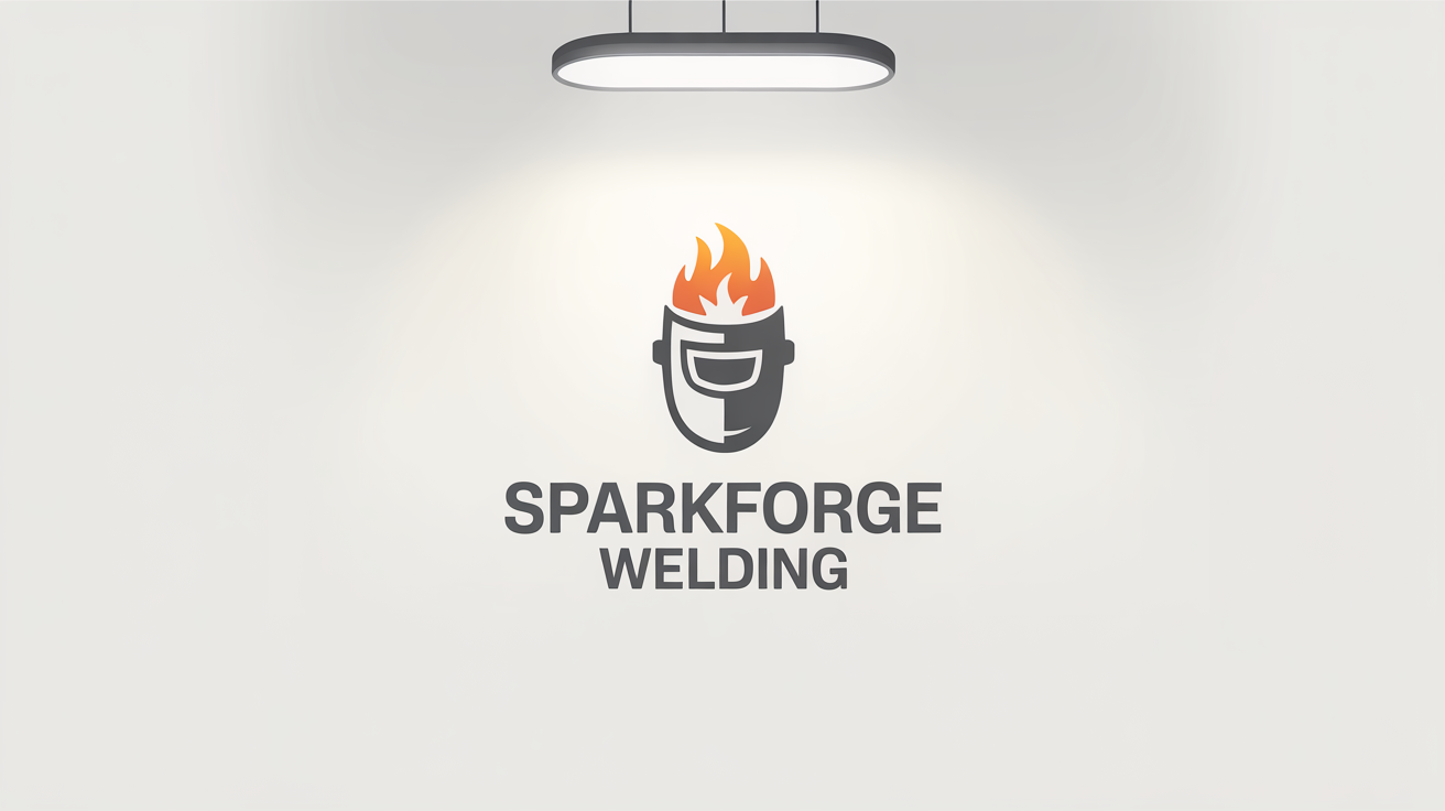 A modern logo for a welding company named 'SparkForge Welding', featuring a stylized silver welding mask and an orange spark, presented on a white background.