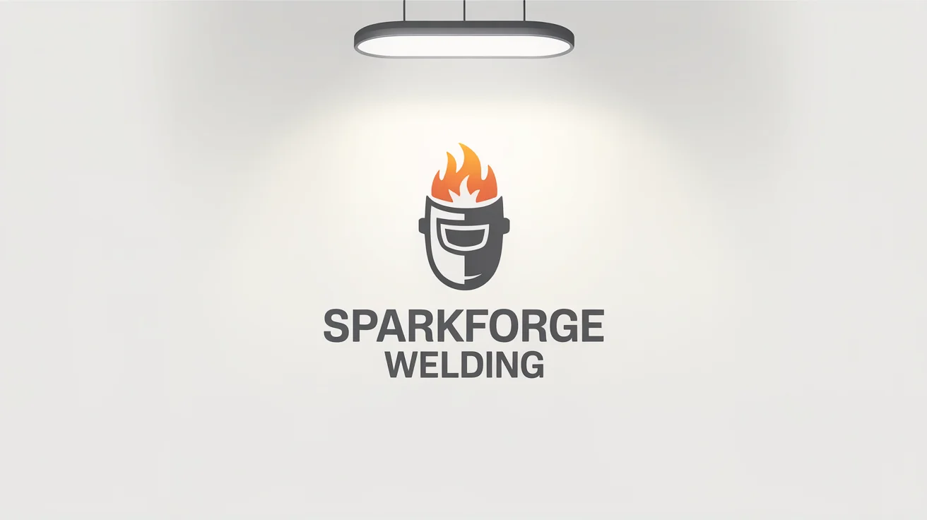 A modern logo for a welding company named 'SparkForge Welding', featuring a stylized silver welding mask and an orange spark, presented on a white background.