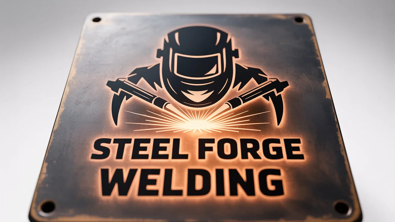 A modern welding logo for 'Steel Forge Welding' featuring a welding helmet and torches, embossed onto a dark metal plate against a white background.