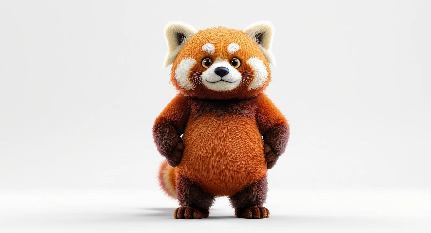 A 3D rendered mascot of a stylized, friendly red panda standing confidently on a plain white background. The character looks modern and professional, suitable for a business, sports team, or gaming channel.