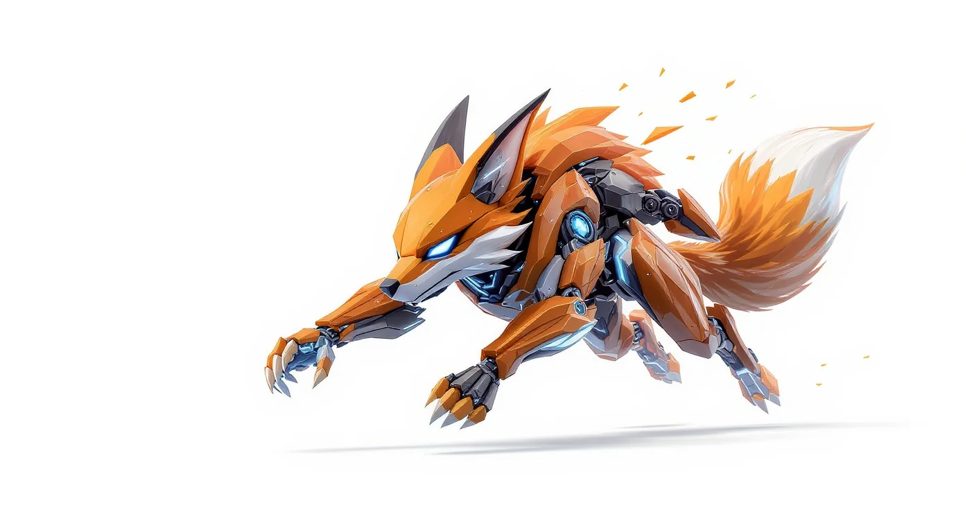 A stylized robotic fox mascot in orange and grey with glowing blue eyes, leaping forward against a plain white background.