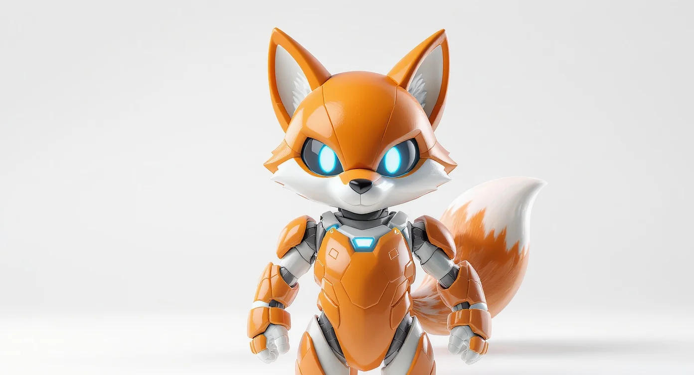 A 3D character render of a futuristic fox mascot, colored in orange, white, and blue, posing confidently against a clean white background.