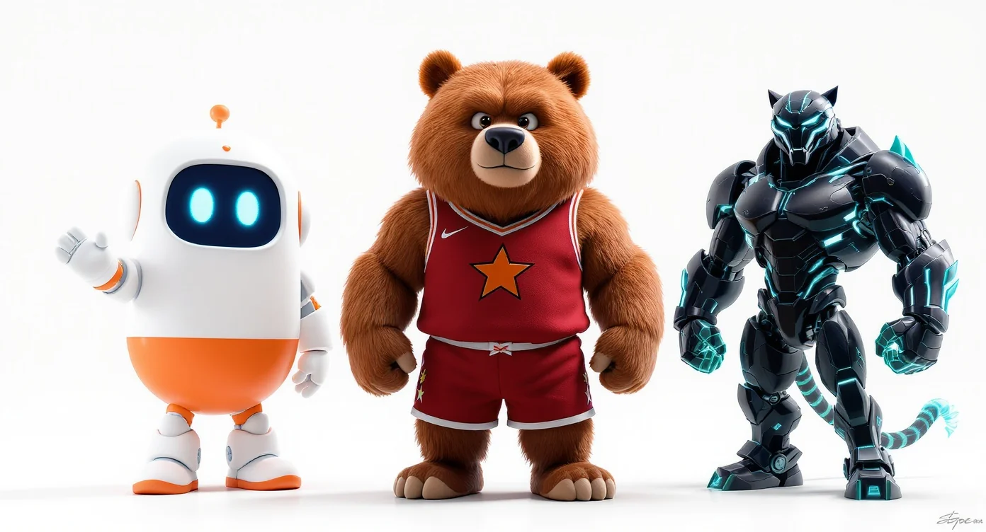 Three distinct 3D character mascots standing together on a white background: a friendly robot for a business, a strong grizzly bear in a basketball jersey for a sports team, and a futuristic cyber-panther for a gaming channel.
