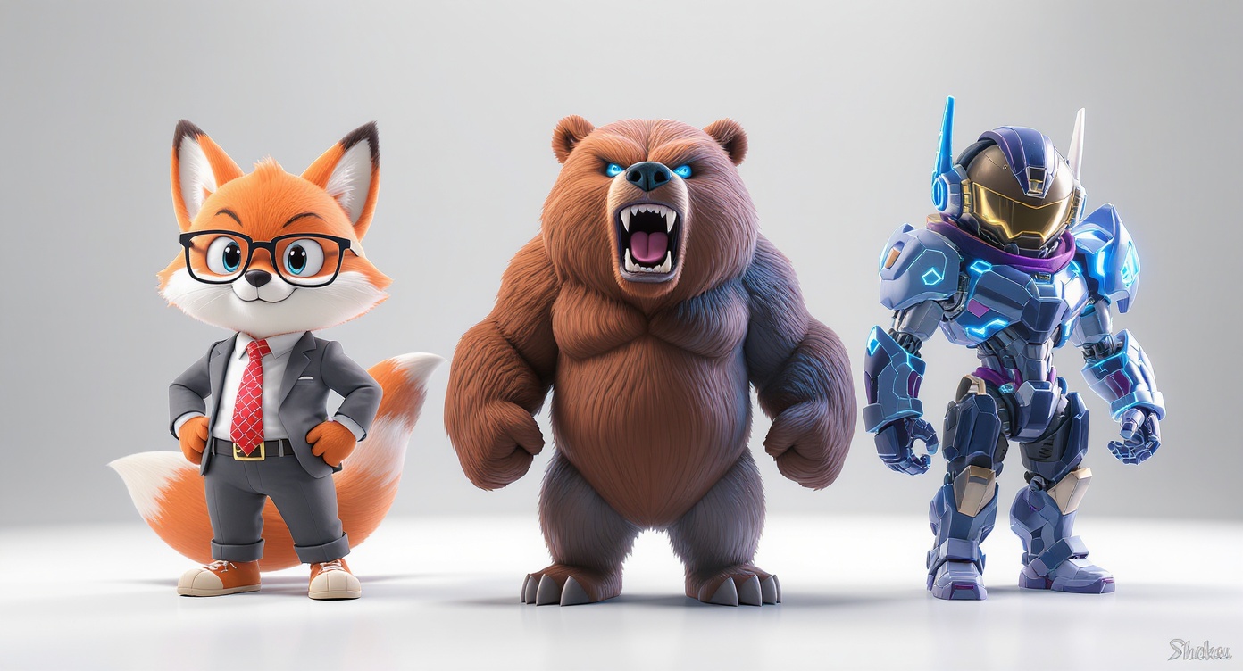 A lineup of three professionally designed 3D character mascots on a white background: a clever fox for a business, a fierce bear for a sports team, and a futuristic cyborg for a gaming channel.