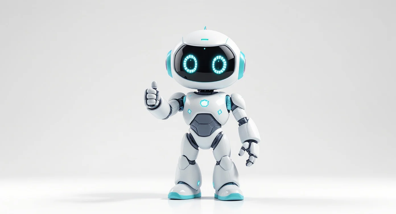 A friendly, modern 3D robot mascot in white and turquoise, giving a thumbs-up against a clean white background, representing a custom character design.