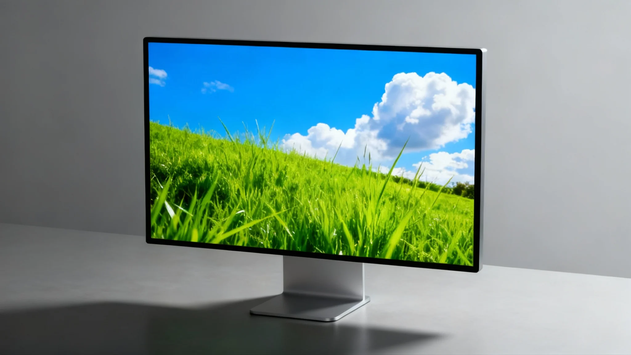 A stunning, professionally color-corrected video still of a vibrant green landscape under a bright blue sky, representing the final 'after' result of a video color correction tool.