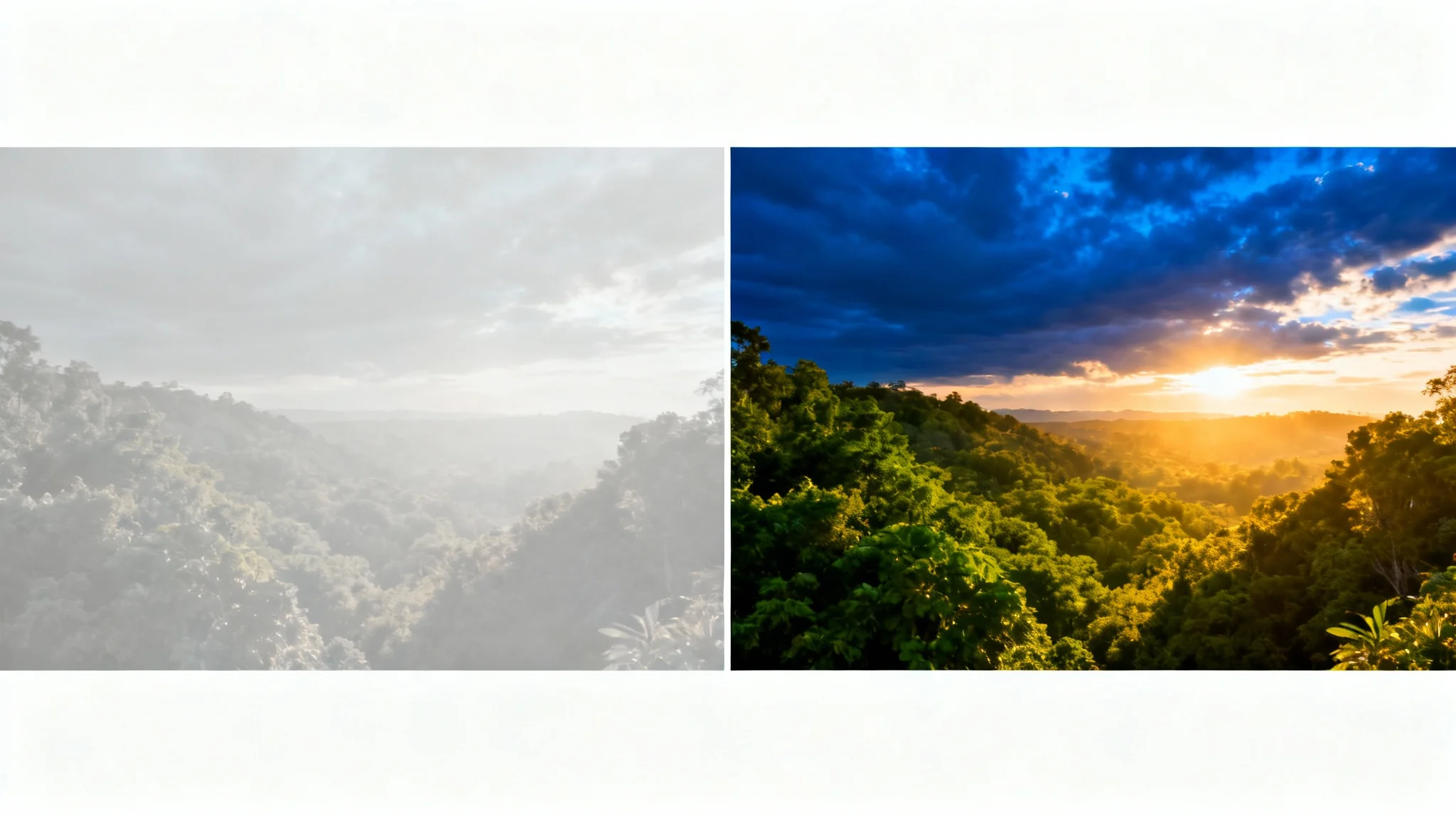 A split-screen image demonstrating video color correction. The left half shows a landscape with dull, flat colors, and the right half shows the same scene transformed with vibrant, rich, cinematic colors.