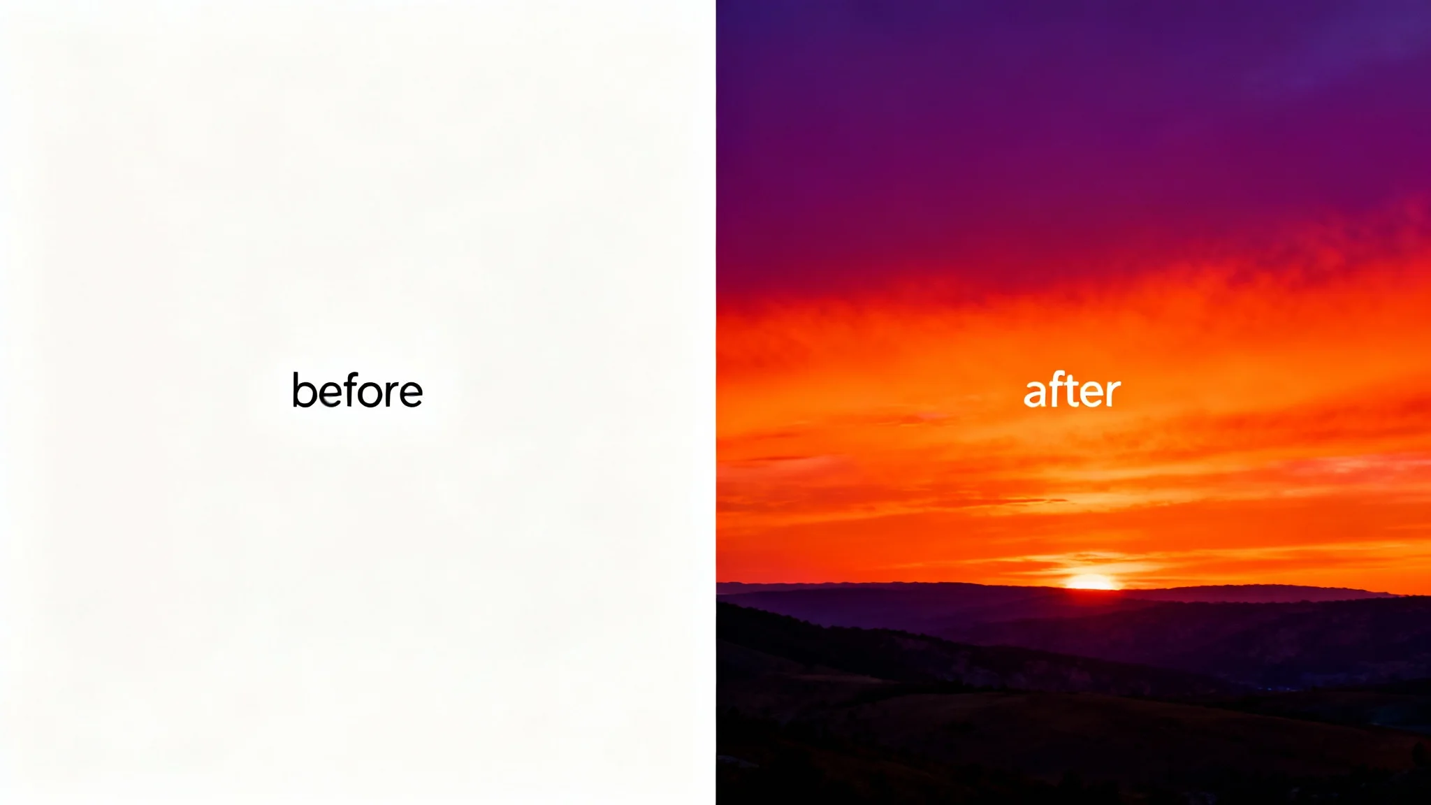 A split-screen image demonstrating video color correction on a sunset landscape. The 'before' side is dull and washed-out, while the 'after' side is vibrant, warm, and cinematic.