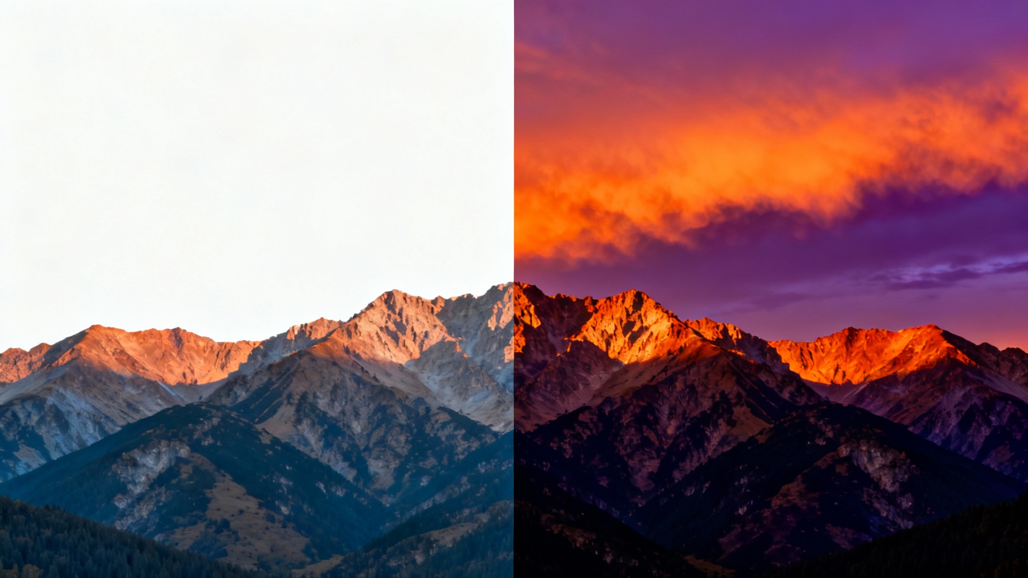 A before-and-after image demonstrating video color correction on a mountain sunset scene. The left side is a dull, flat-colored frame. The right side shows the same frame but with vibrant, cinematic colors, showcasing a fiery orange sky and high contrast.