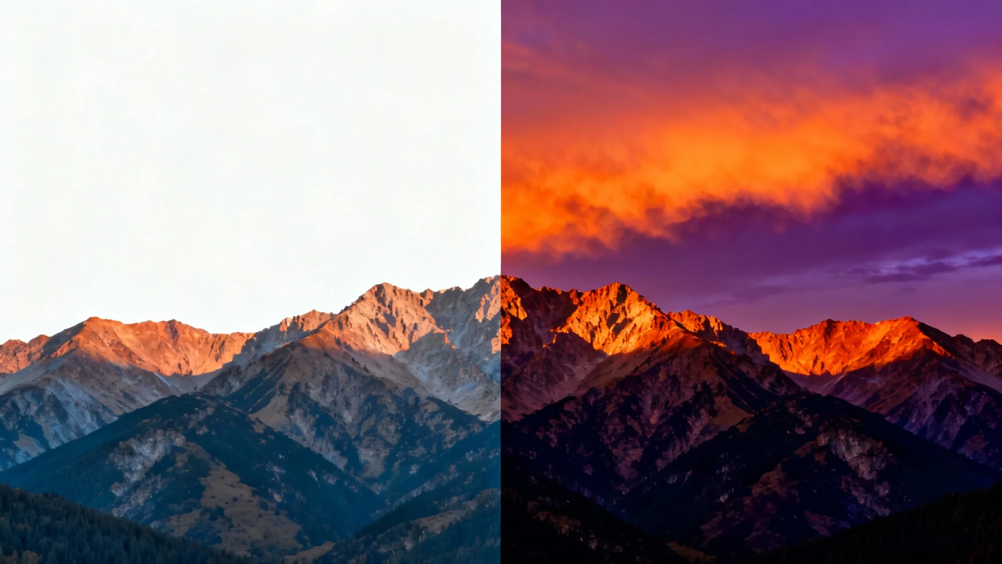 A before-and-after image demonstrating video color correction on a mountain sunset scene. The left side is a dull, flat-colored frame. The right side shows the same frame but with vibrant, cinematic colors, showcasing a fiery orange sky and high contrast.