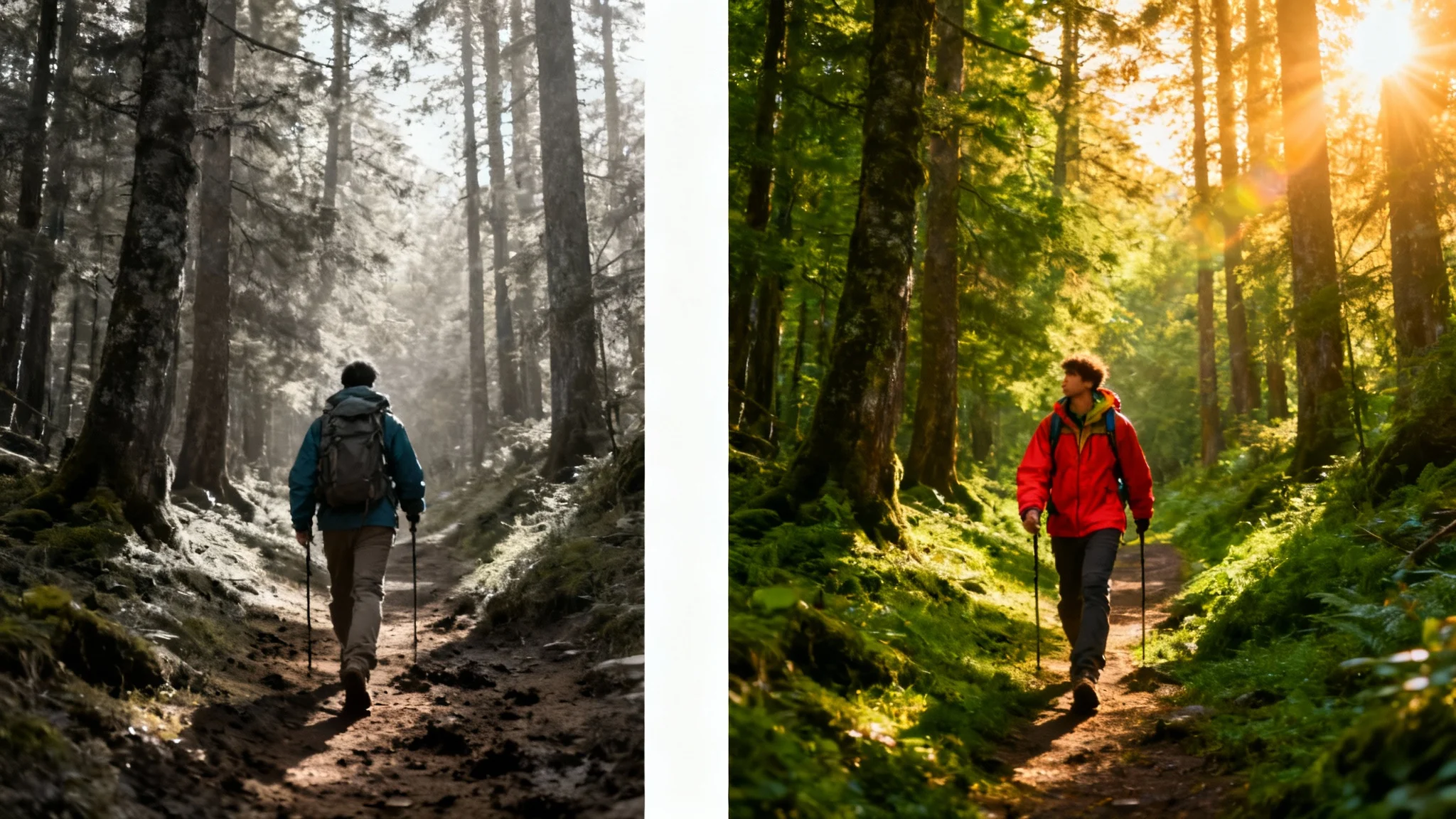 A split-screen comparison demonstrating video color correction. The 'before' side shows a hiker in a forest with dull, flat colors. The 'after' side shows the same scene with vibrant, rich, cinematic colors and dramatic lighting.