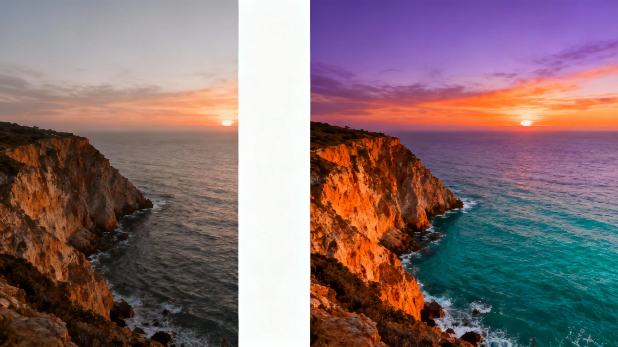 A split-screen image demonstrating the effect of video color correction. The left side shows a dull, washed-out coastal scene, and the right side shows the same scene with vibrant, rich, and cinematic colors.