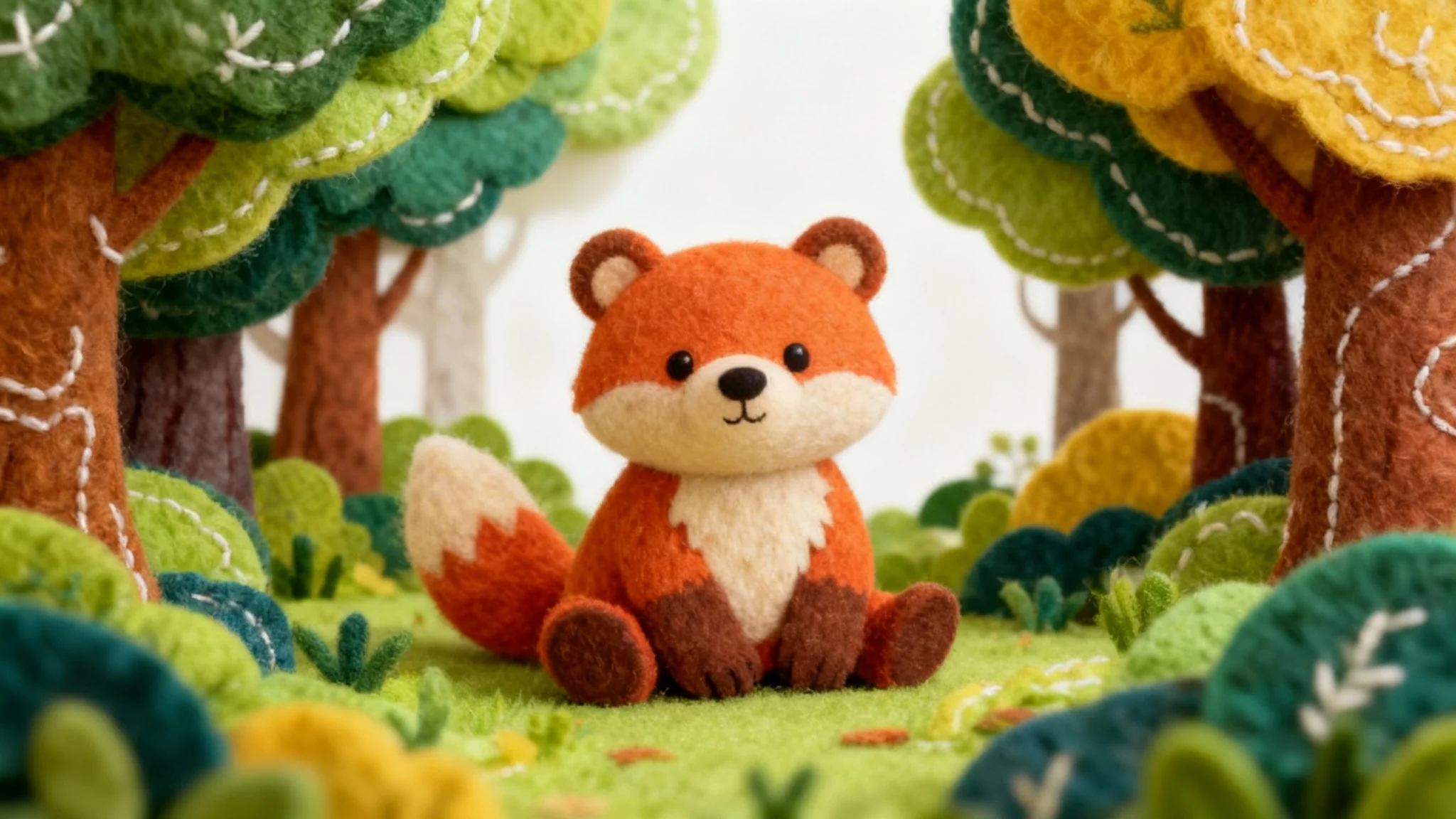 A colorful illustration of a cartoon animal in a forest, transformed to look like it's made from layered felt with visible stitching and a soft, tactile texture.