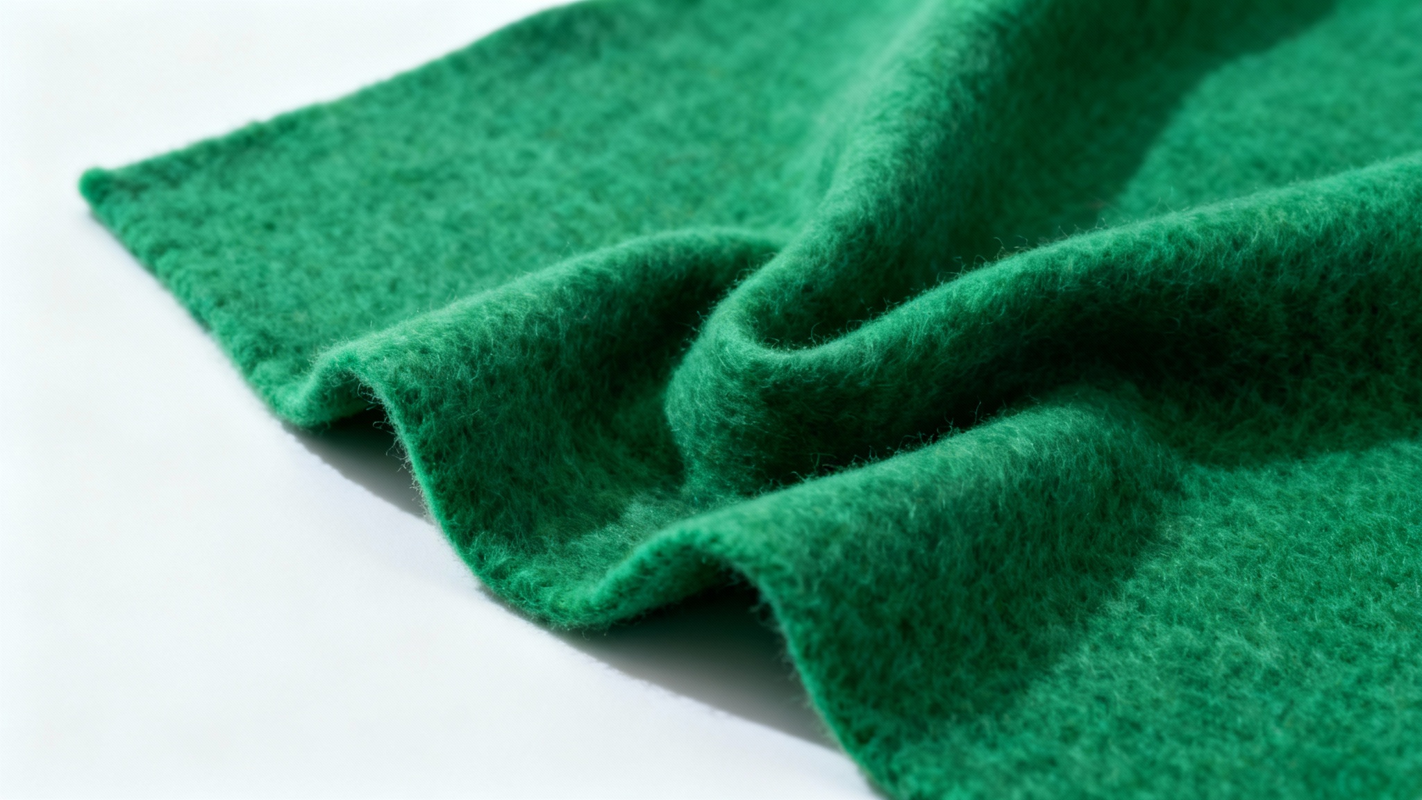 A close-up, high-detail photograph of a piece of emerald green felt, showing its soft and fibrous texture against a plain white background.