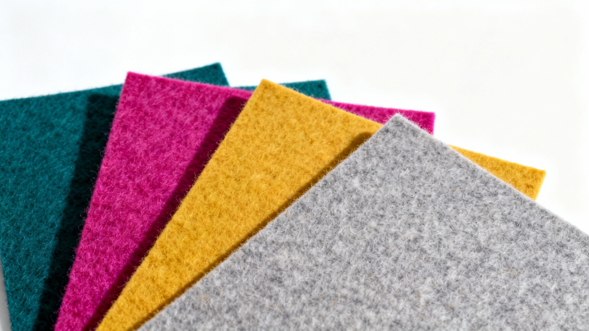 A vibrant collection of felt texture sheets in teal, fuchsia, yellow, and gray, fanned out on a white background to showcase their soft, fibrous material.