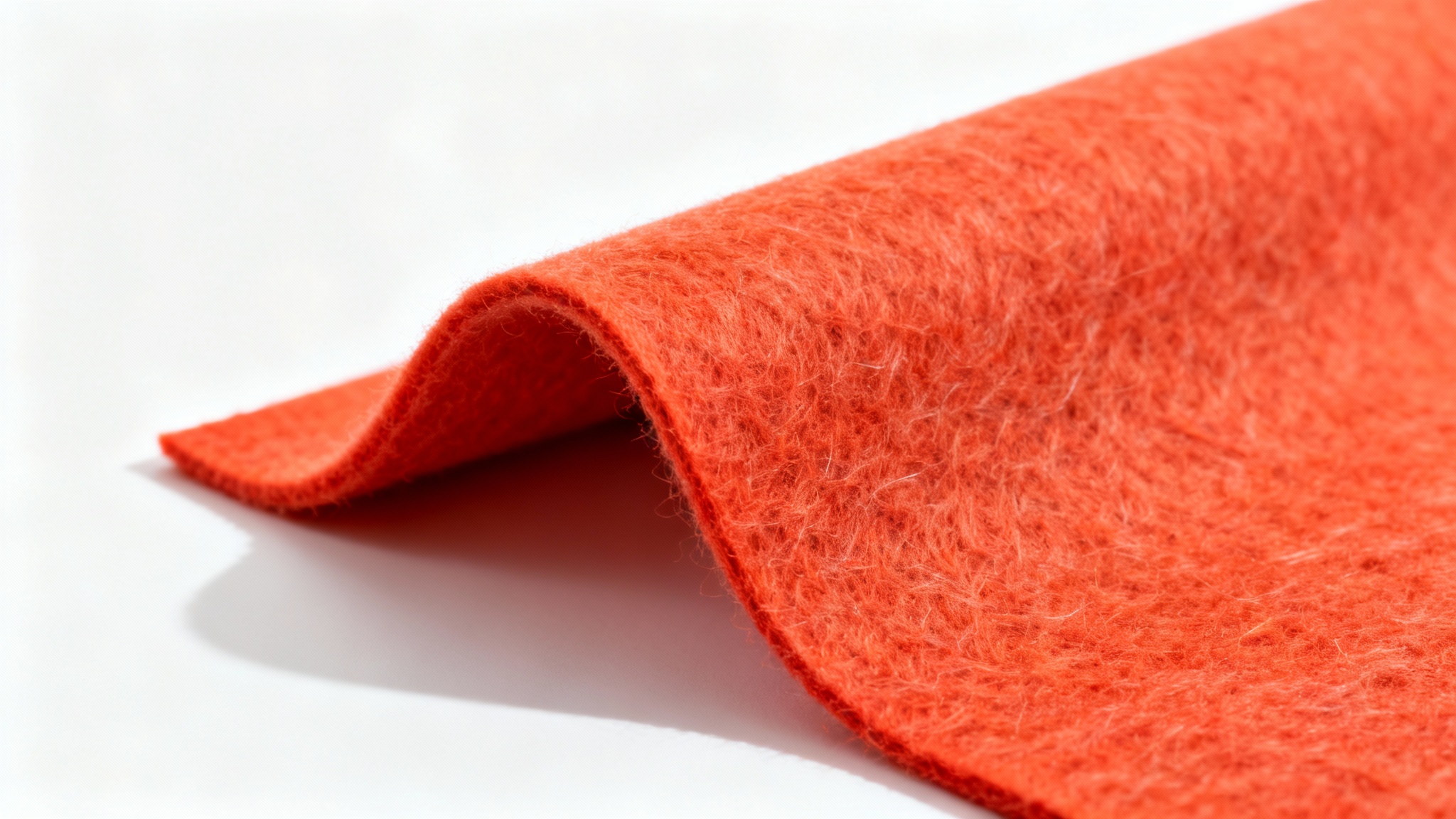A hyper-realistic macro shot of a terracotta-colored felt sheet on a white background, with one corner curled up to showcase its thick, fibrous texture.