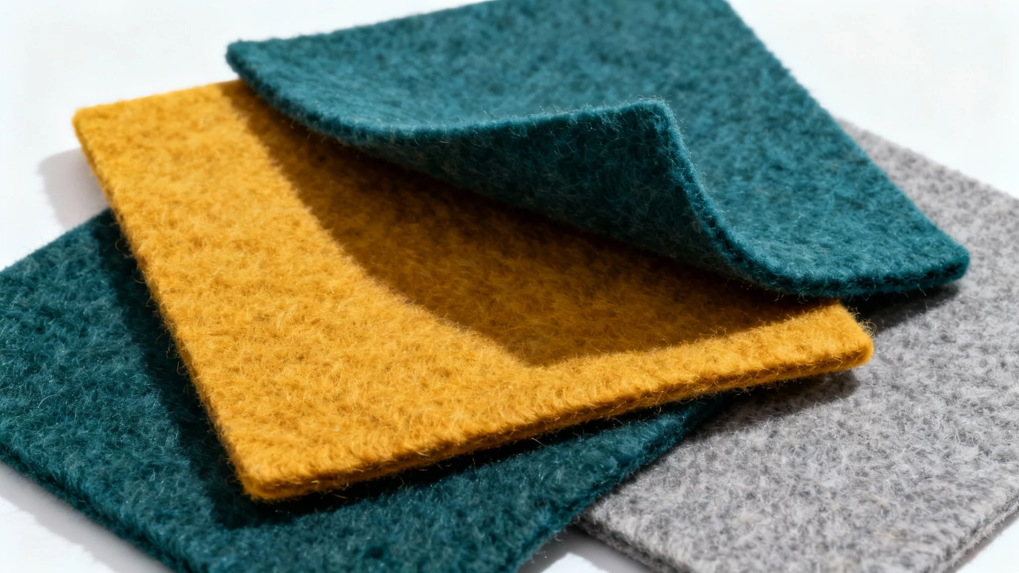 Three overlapping swatches of plush felt in teal, yellow, and gray, shot in macro on a white background to showcase their detailed, fibrous texture.