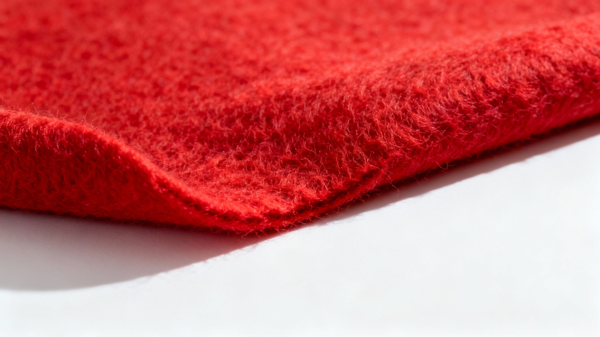 An extreme close-up shot of a rich crimson red felt fabric, highlighting its soft and detailed fibrous texture against a clean white background.